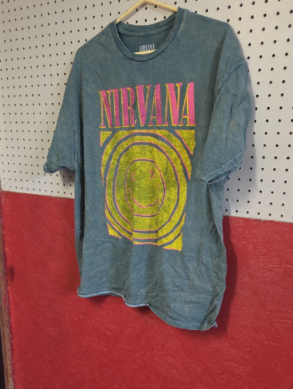 NIRVANA Teal Shirt with Pink & Yellow Graphic